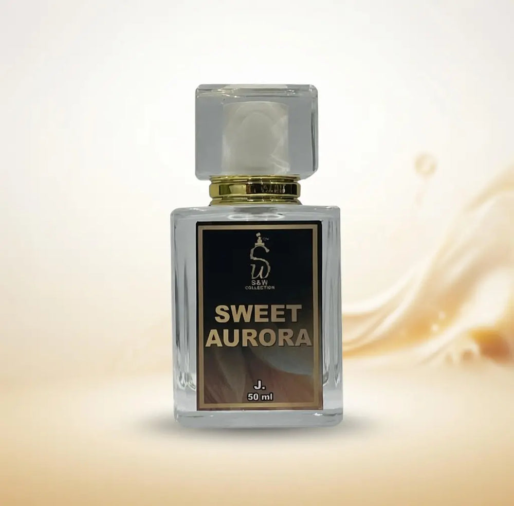Sw Fragrance Sweet Aurora perfume bottle with elegant floral design and pink accents, showcasing a luxurious fragrance presentation.