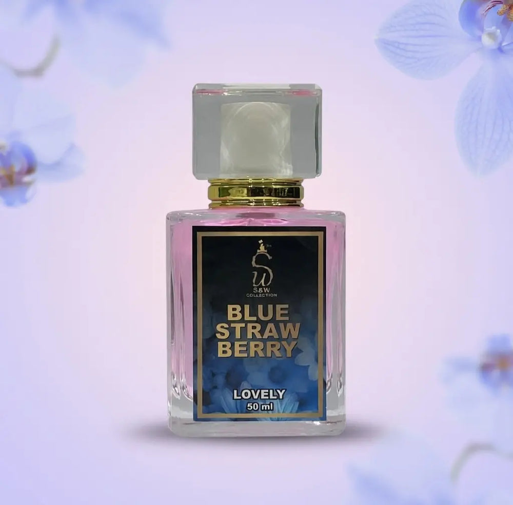 Blue Strawberry perfume bottle by SW Fragrance with a sleek design and blue accents, showcasing the elegant fragrance packaging.