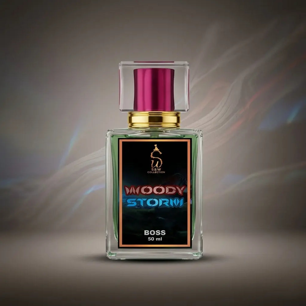 Woody Storm perfume bottle by SW Fragrance, featuring a sleek design with a dark, smoky glass finish and elegant cap.